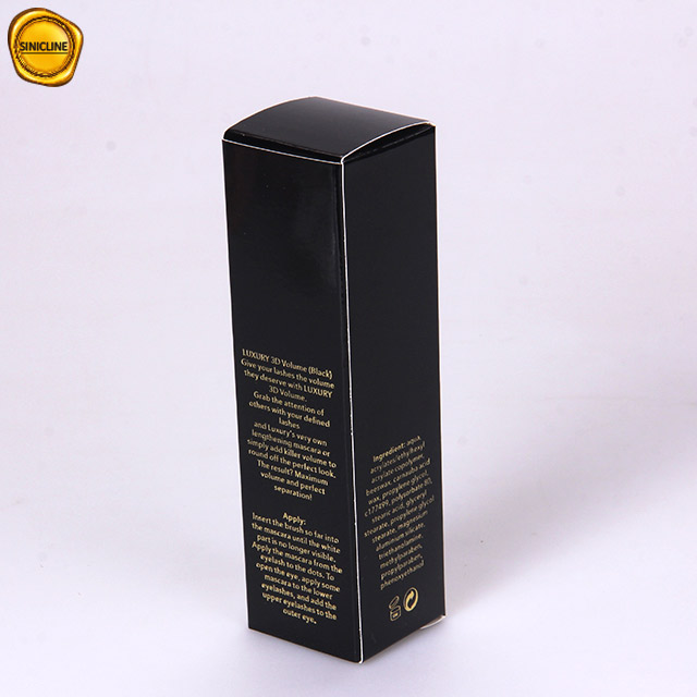 Caja de embalaje de rímel de belleza de papel negro brillante con logotipo dorado personalizado