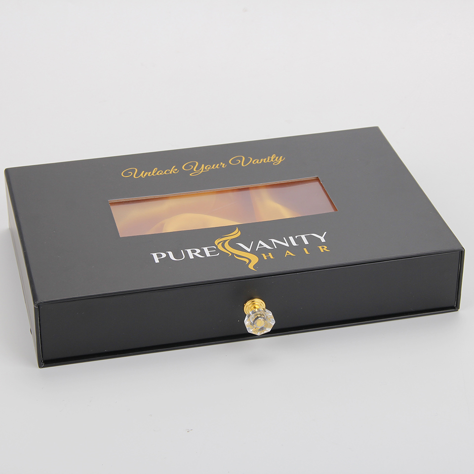 Caja de pelo de papel personalizado Caja de peluca de lujo negra Caja de peluca de extensión de cabello de paquete